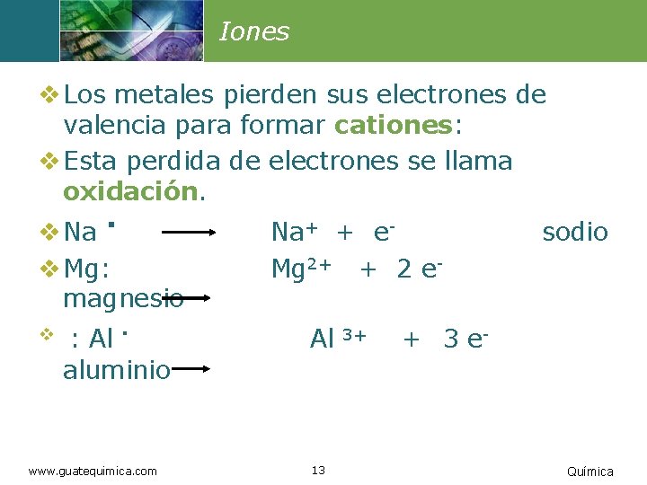 Iones v Los metales pierden sus electrones de valencia para formar cationes: v Esta