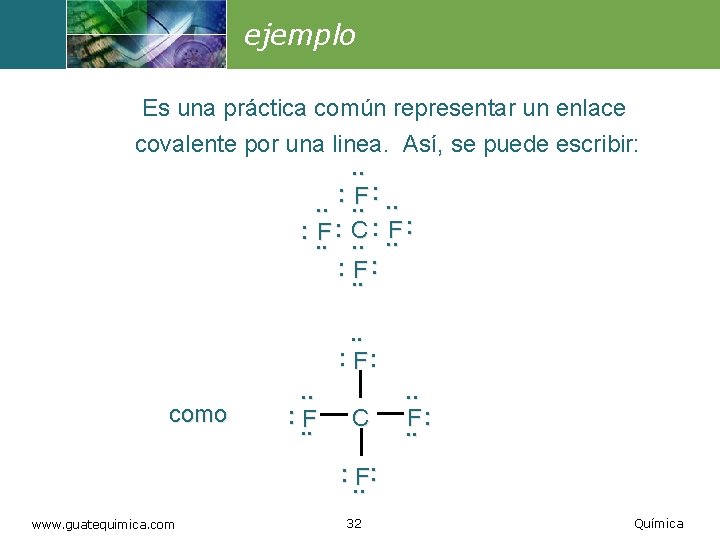 ejemplo Es una práctica común representar un enlace covalente por una linea. Así, se