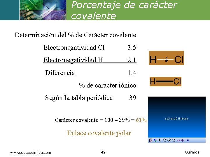 Porcentaje de carácter covalente Determinación del % de Carácter covalente Electronegatividad Cl 3. 5