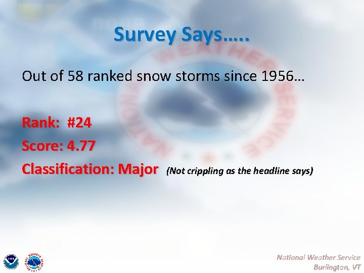 Survey Says…. . Out of 58 ranked snow storms since 1956… Rank: #24 Score: