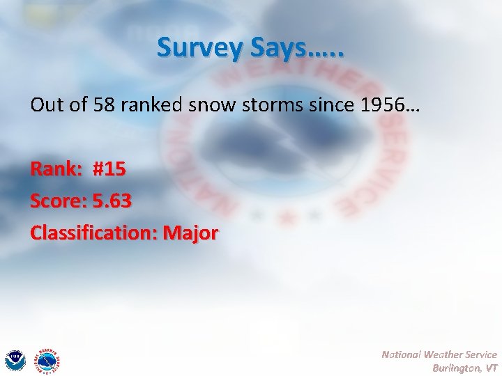 Survey Says…. . Out of 58 ranked snow storms since 1956… Rank: #15 Score: