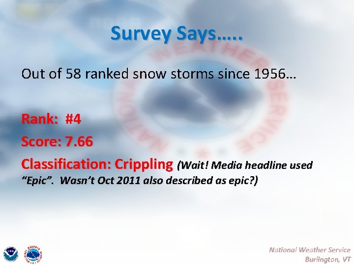 Survey Says…. . Out of 58 ranked snow storms since 1956… Rank: #4 Score: