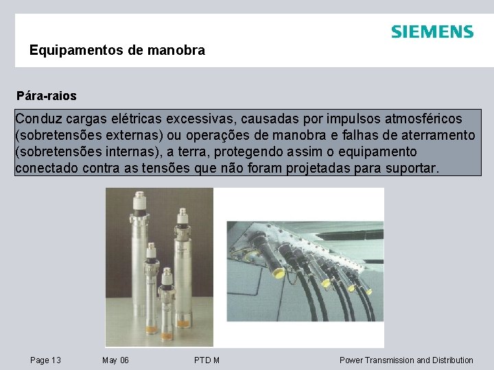 Equipamentos de manobra Pára-raios Conduz cargas elétricas excessivas, causadas por impulsos atmosféricos (sobretensões externas)