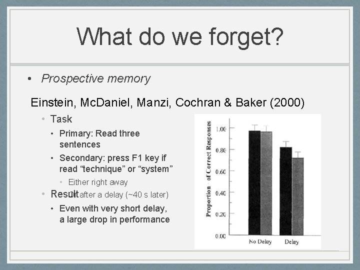 What do we forget? • Prospective memory Einstein, Mc. Daniel, Manzi, Cochran & Baker