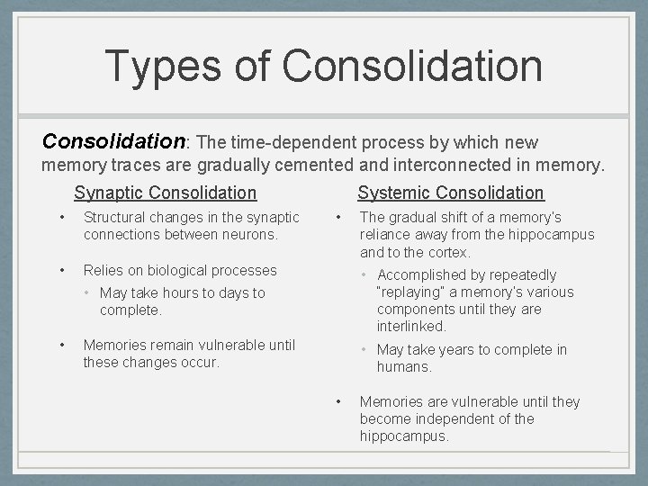 Types of Consolidation: The time-dependent process by which new memory traces are gradually cemented