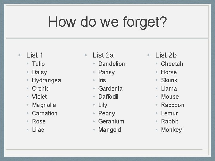 How do we forget? • List 1 • • • Tulip Daisy Hydrangea Orchid