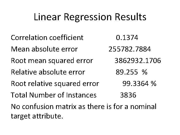 Linear Regression Results Correlation coefficient 0. 1374 Mean absolute error 255782. 7884 Root mean