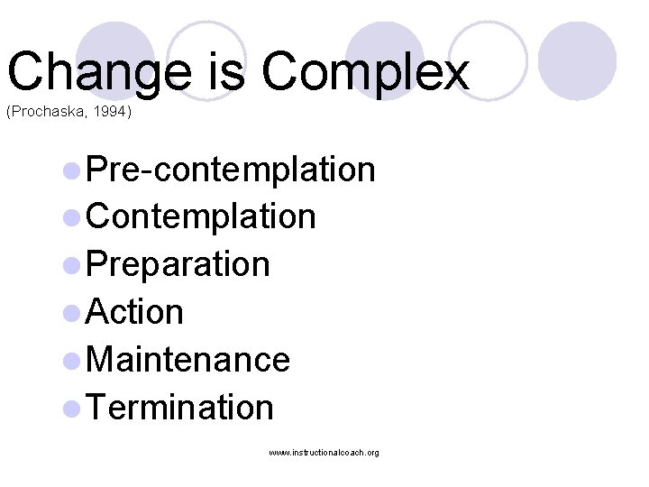 Change is Complex (Prochaska, 1994) l Pre-contemplation l Contemplation l Preparation l Action l