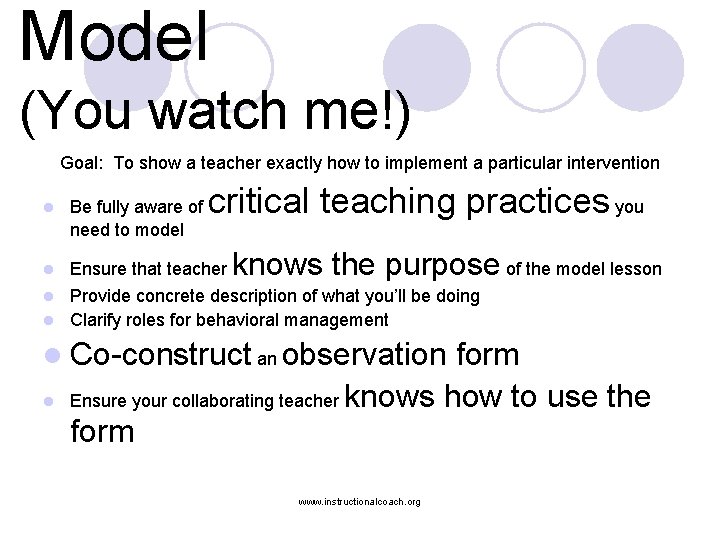 Model (You watch me!) Goal: To show a teacher exactly how to implement a