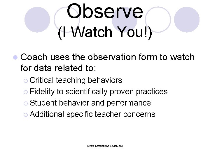 Observe (I Watch You!) l Coach uses the observation form to watch for data