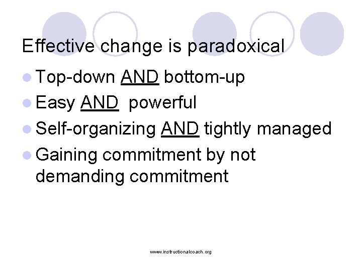 Effective change is paradoxical l Top-down AND bottom-up l Easy AND powerful l Self-organizing