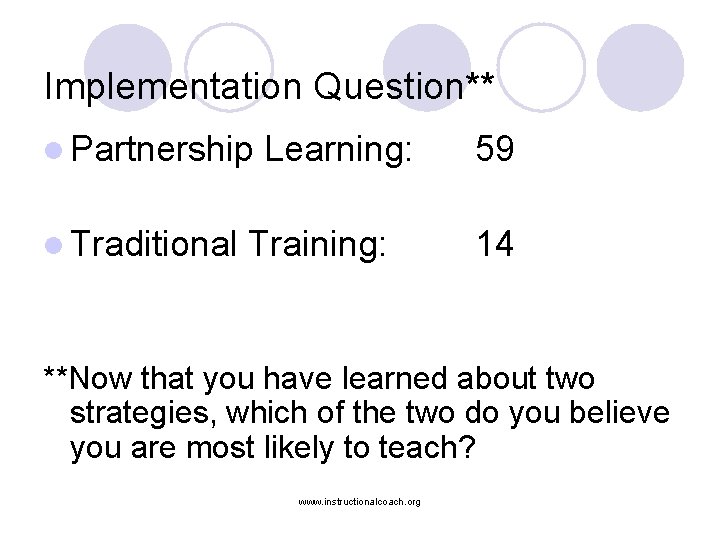 Implementation Question** l Partnership l Traditional Learning: Training: 59 14 **Now that you have