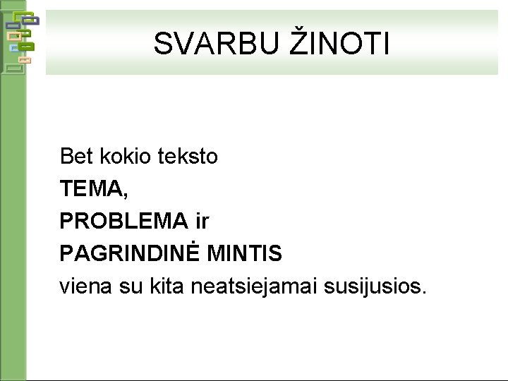 SVARBU ŽINOTI Bet kokio teksto TEMA, PROBLEMA ir PAGRINDINĖ MINTIS viena su kita neatsiejamai