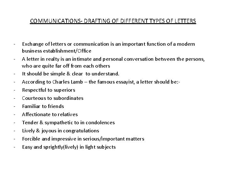 COMMUNICATIONS DRAFTING OF DIFFERENT TYPES OF LETTERS Exchange
