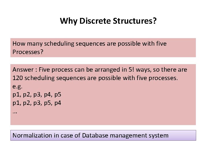 Why Discrete Structures? How many scheduling sequences are possible with five Processes? Answer :