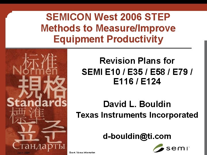 SEMICON West 2006 STEP Methods to Measure/Improve Equipment Productivity Revision Plans for SEMI E