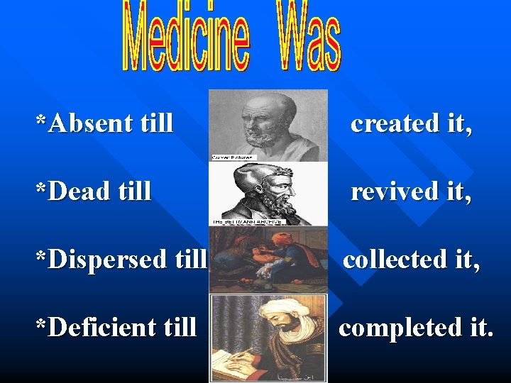  *Absent till created it, *Dead till revived it, *Dispersed till collected it, *Deficient