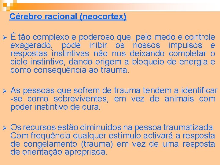  Cérebro racional (neocortex) Ø É tão complexo e poderoso que, pelo medo e