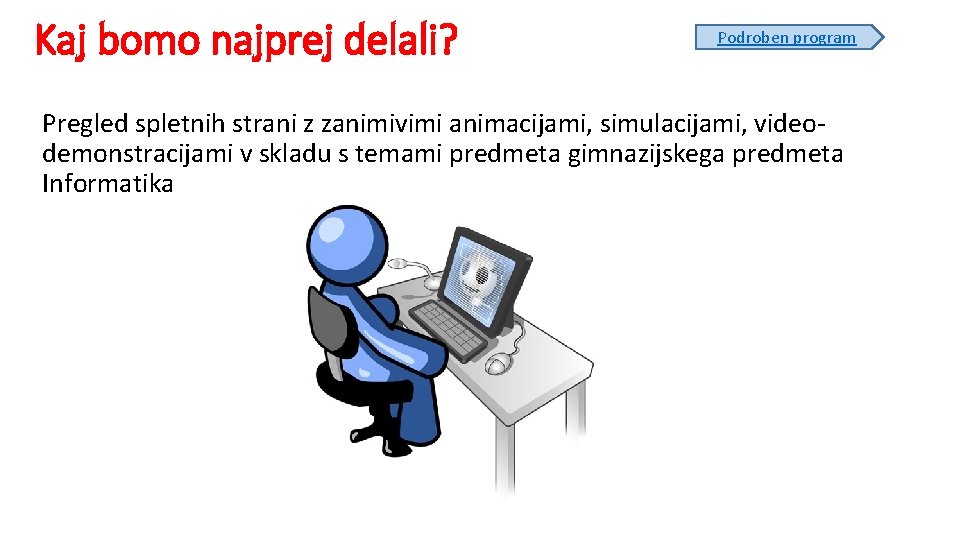 Kaj bomo najprej delali? Podroben program Pregled spletnih strani z zanimivimi animacijami, simulacijami, videodemonstracijami