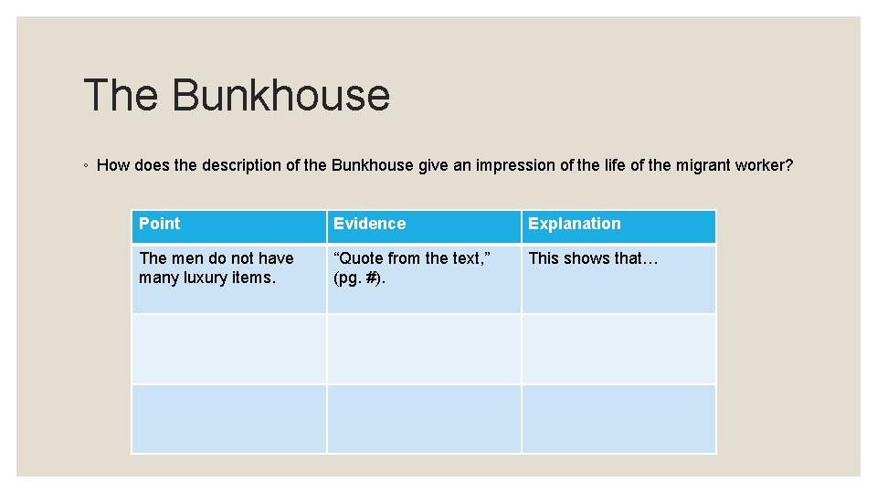 The Bunkhouse ◦ How does the description of the Bunkhouse give an impression of