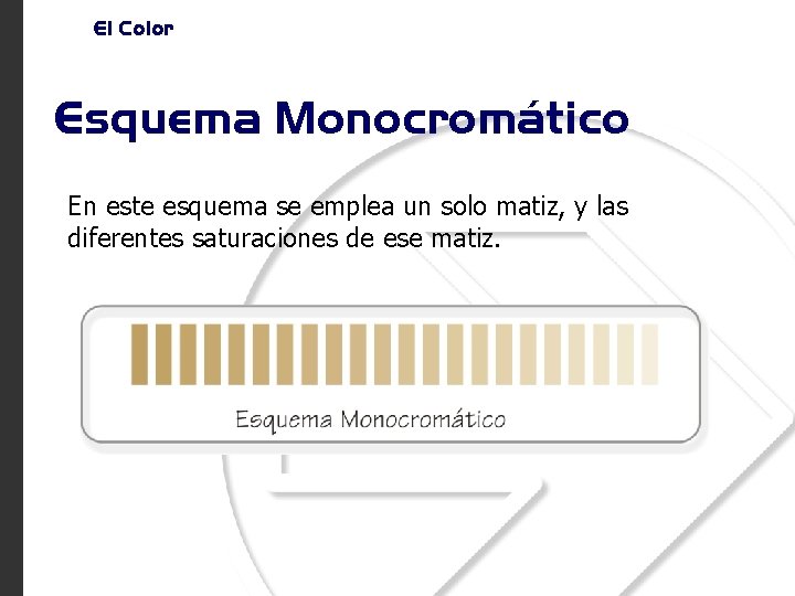 El Color Esquema Monocromático En este esquema se emplea un solo matiz, y las