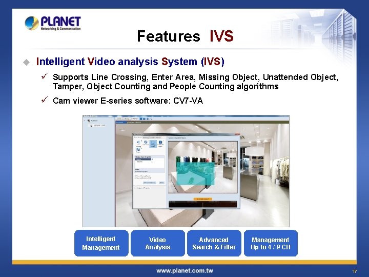 Features IVS u Intelligent Video analysis System (IVS) ü Supports Line Crossing, Enter Area,