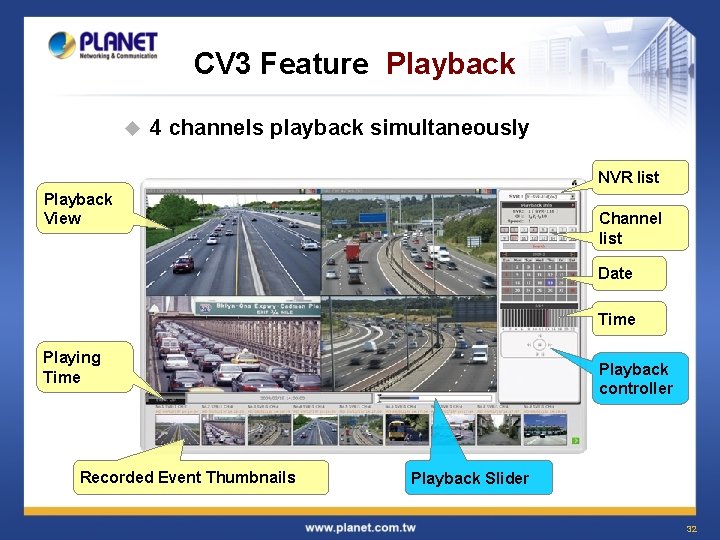 CV 3 Feature Playback u 4 channels playback simultaneously NVR list Playback View Channel