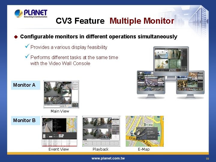 CV 3 Feature Multiple Monitor u Configurable monitors in different operations simultaneously ü Provides
