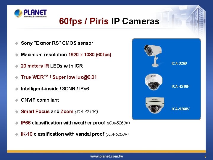 60 fps / Piris IP Cameras u Sony "Exmor RS" CMOS sensor u Maximum