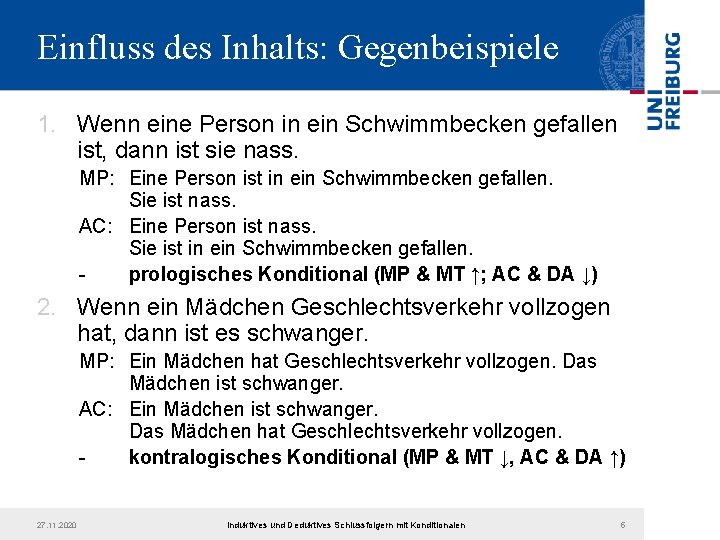 Einfluss des Inhalts: Gegenbeispiele 1. Wenn eine Person in ein Schwimmbecken gefallen ist, dann