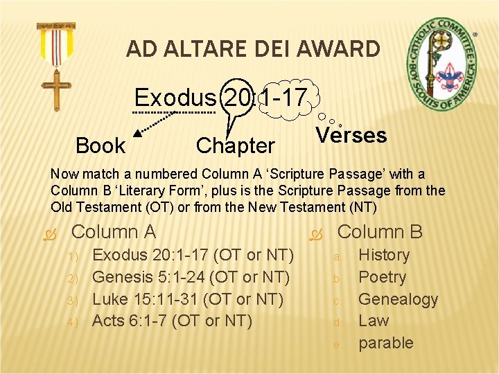 AD ALTARE DEI AWARD Exodus 20: 1 -17 Book Chapter Verses Now match a