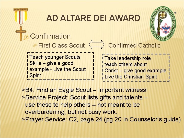 AD ALTARE DEI AWARD Confirmation First Class Scout Teach younger Scouts Skills – give