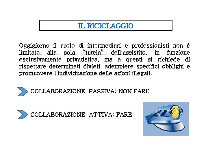 IL RICICLAGGIO Oggigiorno il ruolo di intermediari e professionisti non è limitato alla sola IL RICICLAGGIO Oggigiorno il ruolo di intermediari e professionisti non è limitato alla sola
