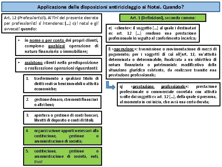 Applicazione delle disposizioni antiriciclaggio ai Notai. Quando? Art. 12 (Professionisti). Ai fini del presente Applicazione delle disposizioni antiriciclaggio ai Notai. Quando? Art. 12 (Professionisti). Ai fini del presente