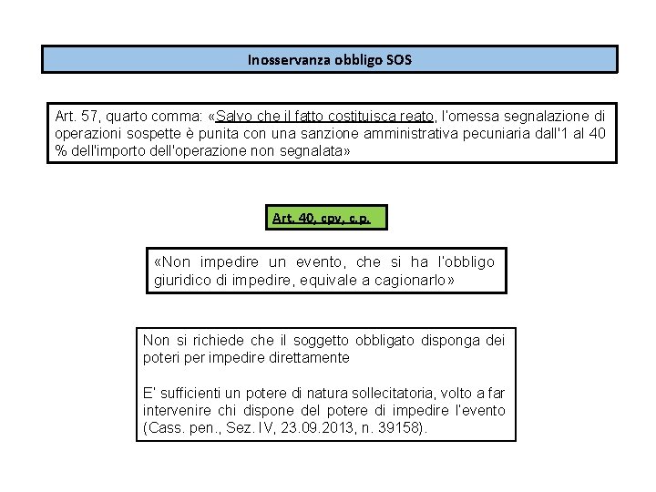 Inosservanza obbligo SOS Art. 57, quarto comma: «Salvo che il fatto costituisca reato, l’omessa Inosservanza obbligo SOS Art. 57, quarto comma: «Salvo che il fatto costituisca reato, l’omessa