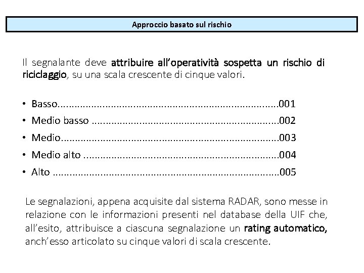 Approccio basato sul rischio Il segnalante deve attribuire all’operatività sospetta un rischio di riciclaggio, Approccio basato sul rischio Il segnalante deve attribuire all’operatività sospetta un rischio di riciclaggio,
