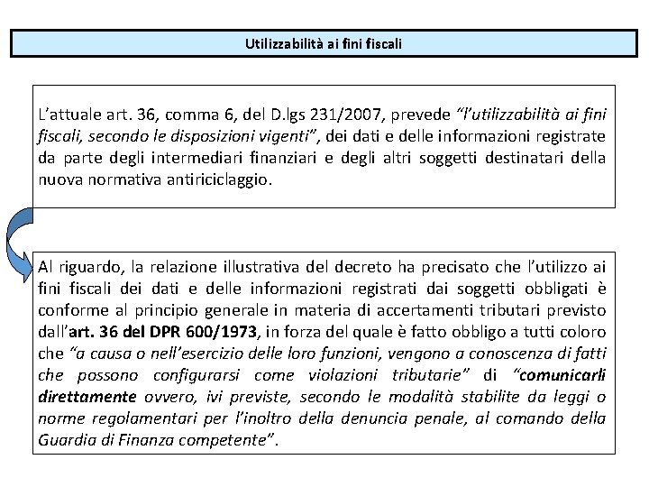 Utilizzabilità ai fini fiscali L’attuale art. 36, comma 6, del D. lgs 231/2007, prevede Utilizzabilità ai fini fiscali L’attuale art. 36, comma 6, del D. lgs 231/2007, prevede