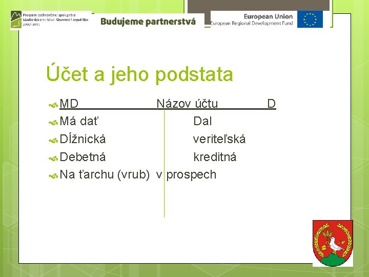 Účet a jeho podstata MD Názov účtu Má dať Dal Dĺžnická veriteľská Debetná kreditná