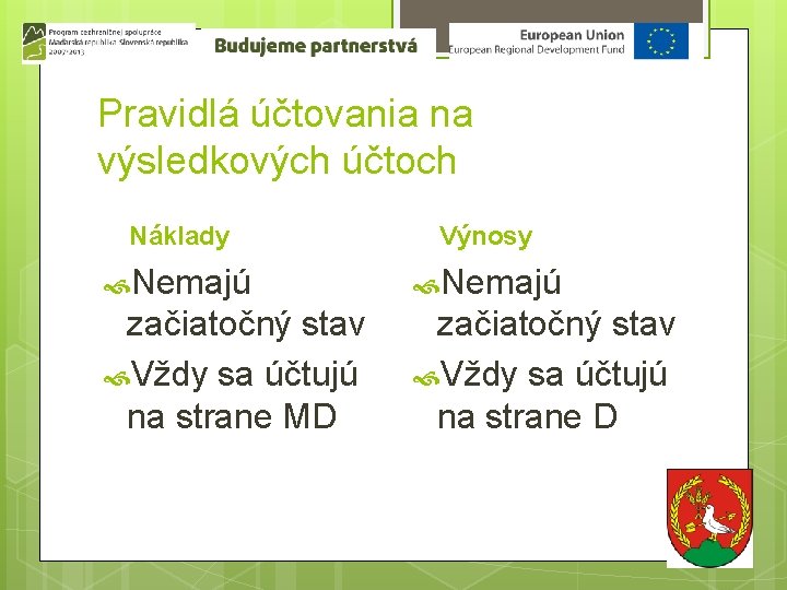 Pravidlá účtovania na výsledkových účtoch Náklady Výnosy Nemajú začiatočný stav Vždy sa účtujú na