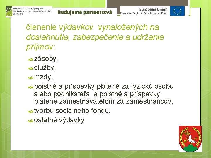 členenie výdavkov vynaložených na dosiahnutie, zabezpečenie a udržanie príjmov: zásoby, služby, mzdy, poistné a