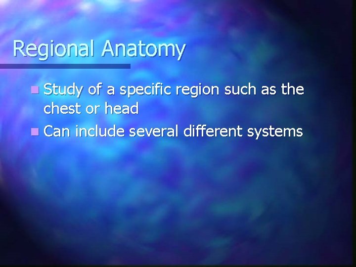 Regional Anatomy n Study of a specific region such as the chest or head