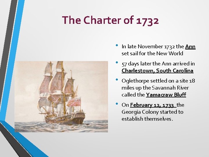 The Charter of 1732 • In late November 1732 the Ann set sail for