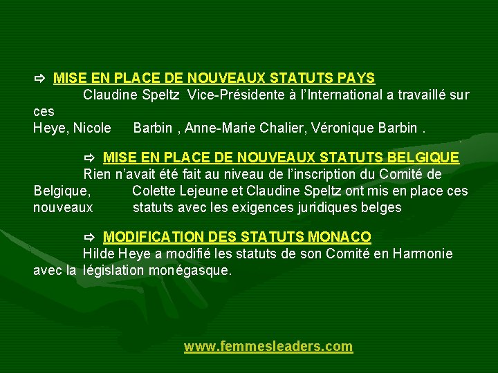  MISE EN PLACE DE NOUVEAUX STATUTS PAYS Claudine Speltz Vice-Présidente à l’International a