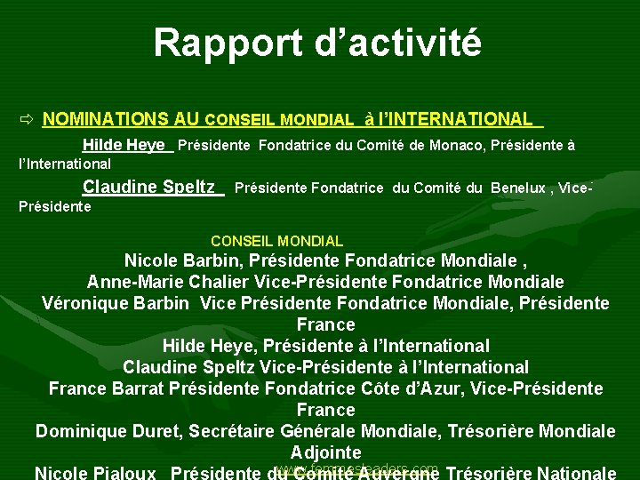 Rapport d’activité NOMINATIONS AU CONSEIL MONDIAL à l’INTERNATIONAL Hilde Heye Présidente Fondatrice du Comité