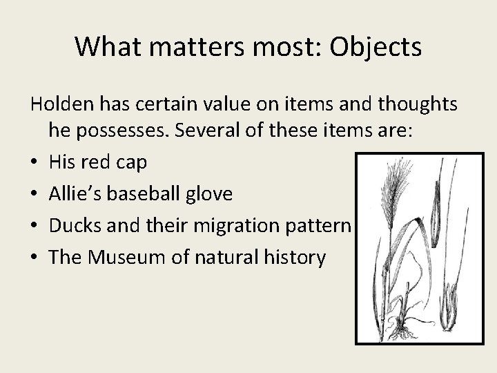 What matters most: Objects Holden has certain value on items and thoughts he possesses.