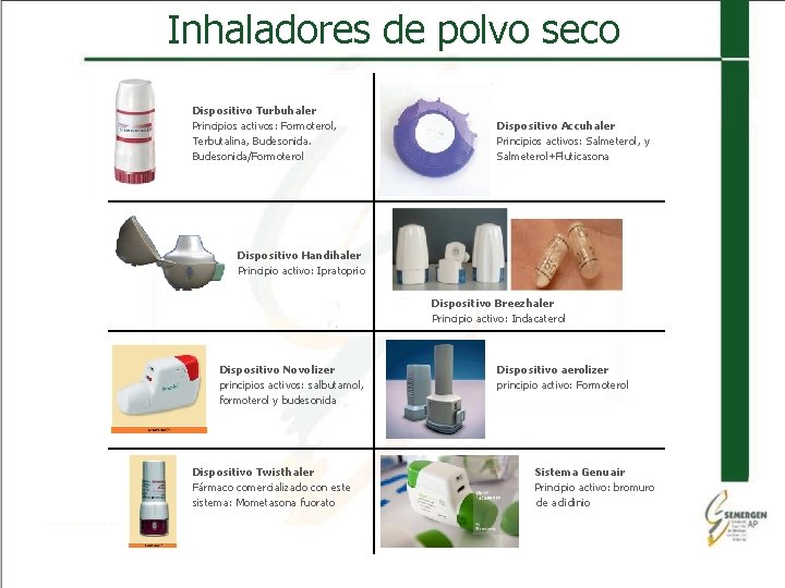 Inhaladores de polvo seco Dispositivo Turbuhaler Principios activos: Formoterol, Terbutalina, Budesonida/Formoterol Dispositivo Accuhaler Principios