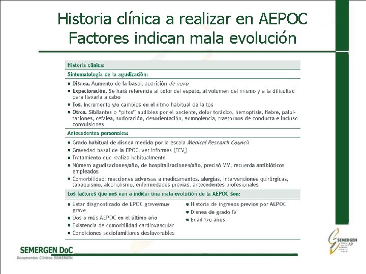 Historia clínica a realizar en AEPOC Factores indican mala evolución 