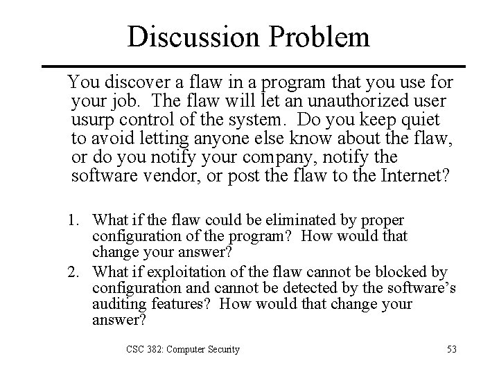 Discussion Problem You discover a flaw in a program that you use for your