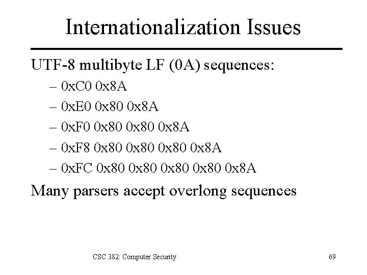 Internationalization Issues UTF-8 multibyte LF (0 A) sequences: – 0 x. C 0 0