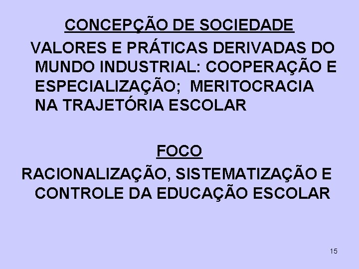 CONCEPÇÃO DE SOCIEDADE VALORES E PRÁTICAS DERIVADAS DO MUNDO INDUSTRIAL: COOPERAÇÃO E ESPECIALIZAÇÃO; MERITOCRACIA